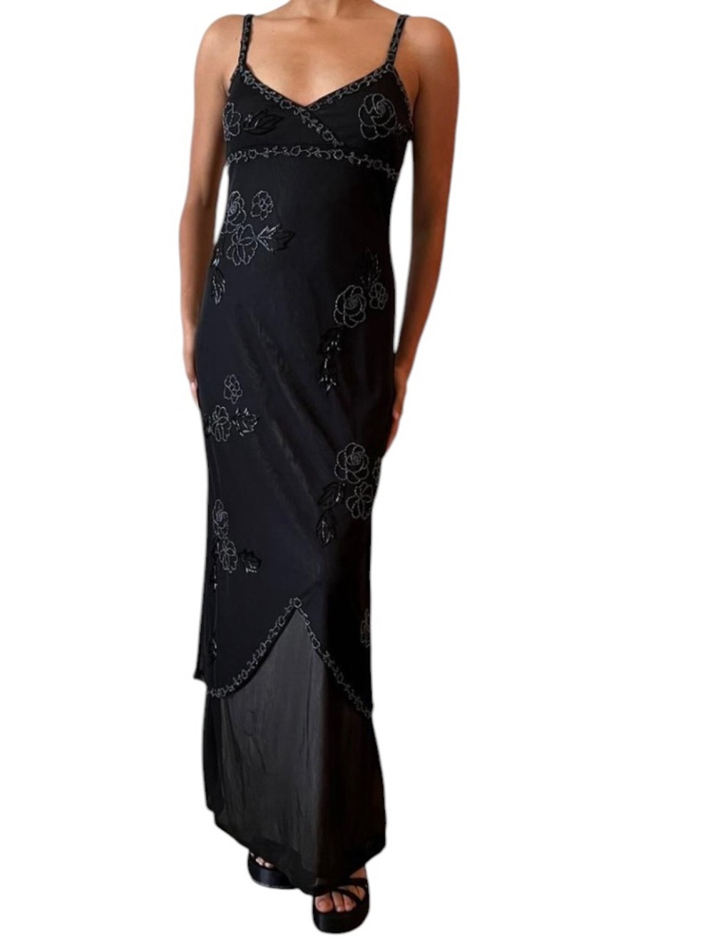 Cache 90s black empire waist floral beaded sheer overlay maxi slip dress - Picture 1 of 15